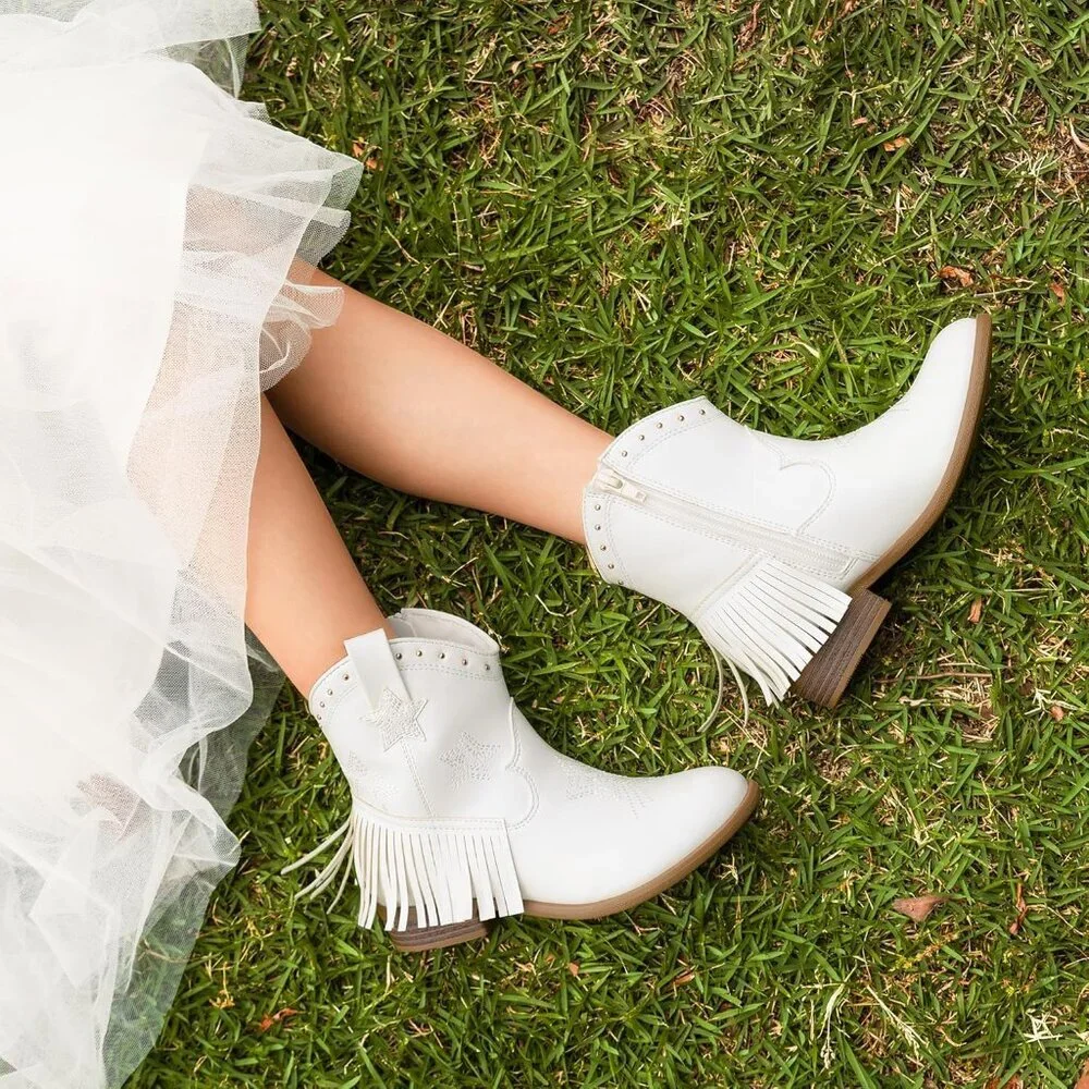 ⚡Girls White Cowgirl Ankle Western Boots Side Zipper Riding Shoes With Tassel